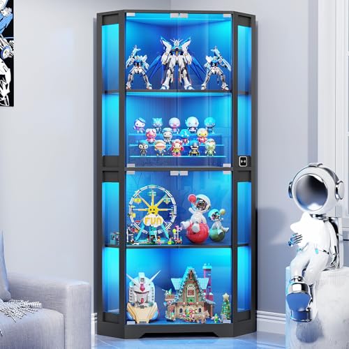 BROTTAR Corner Display Cabinet with Glass Doors, 65" Lighted Curio Cabinet with 3 Color Lights for Collectibles, 4-Tier Display Case with Human Body Sensor for Toys, Books, Black