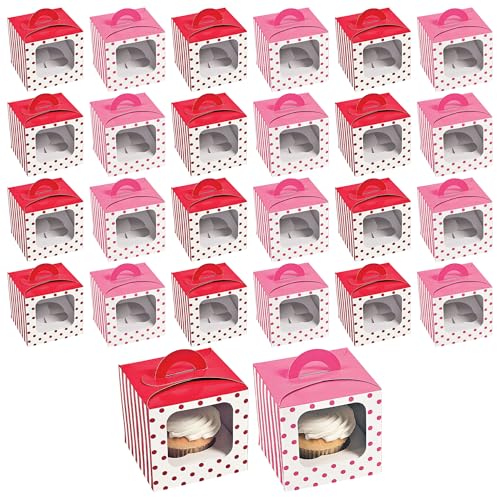 Live It Up! Party Supplies Red and Pink Polka Dot Cupcake Boxes With Insert Holders, 4 1/2" x 3" x 4 1/2" (24 Count)