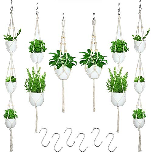 6 Pieces Macrame Plant Hangers with 6 Hooks, Different Tiers, Handmade Rope Hanging Planters Set Flower Pots Holder Stand Hanging Plant Holder for Indoor Outdoor Boho Home Decor (Creamy White)