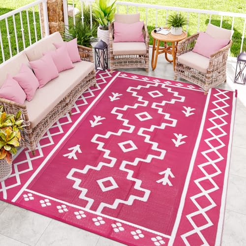 Uphome Outdoor Rugs 8x10 Waterproof, Reversible Hot Pink Boho RV Camping Rug, Patio Plastic Straw Outside Rug, Large Foldable Outdoor Mat Carpet for Backyard Deck Pool Balcony Picnic Beach, 8'x10'