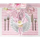 Solino Home Stripe Linen Placemats 19" L x 14" W – 100% Pure Linen Cherry Blossom and White Cloth Placemats Set of 4 – Amalfi Stripe, Washable Fabric Place Mats for Spring