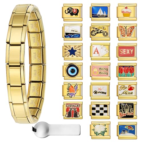 GEMOSA Gold Italian Charm Bracelet Sets with 1Pcs 6.75 inch Starter Brascelet, 20Pcs Charms Pack and Opening Tools, 9mm Italian Modular Charm Bracelet Link Handmade DIY Module Jewelry Gifts