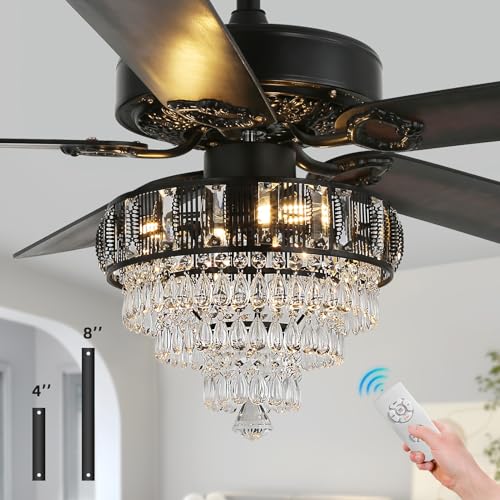 RIENAZA Modern Crystal Ceiling Fans with Lights and Remote Control, Farmhouse Retro Black Ceiling Fan Light, 52 Inch Fandelier Ceiling Fan for Living Room, Dining Room, Bedroom, Office