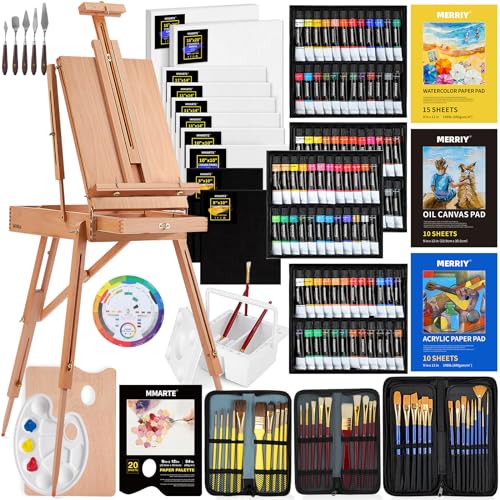 MERRIY 155-Piece Artist Painting Kit with French Easel, 48 Colors Acrylic Paints, 24 Colors Oil Paints, 24 Colors Watercolor Paints, Professional Paint kit for Adult, Artist, Beginner