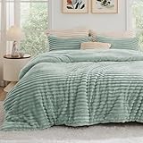 Bedsure Fluffy Comforter Set Queen - Super Soft Faux Fur Bed Set Sage Green, Winter Warm Plush Fleece Bedding, 3 Pieces, 1 Shaggy Fuzzy Queen Size Comforter with 2 Pillowcases