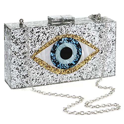 Acrylic Purses and Handbags for Women Eyes Multicolor Perspex Box Clutch Elegant Banquet Evening Handbags Crossbody Bag (Silver)