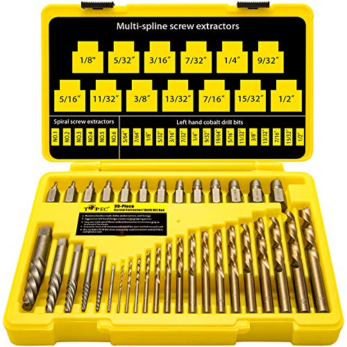 Topec 35-Piece Screw Extractor and Left Hand Drill Bits Set, Easy Out Screw Extractor Set with Reverse Drill Bits, Multi-Spline Extractors for Removing Broken Bolts and Stripped Screws