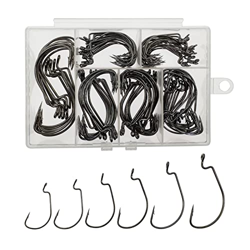 Afmivs Worm Hooks for Bass Fishing Hooks, 110pcs Bass Hooks Fishing, 6 Sizes Fishing Hooks Freshwater, Eagle Claw Hooks #1 1/0 2/0 3/0 4/0 5/0 Black High Carbon Steel with Portable Plastic Box