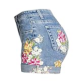 Women's Vintage Floral Embroidery High Waist Roll Up Denim Shorts Light Blue 6