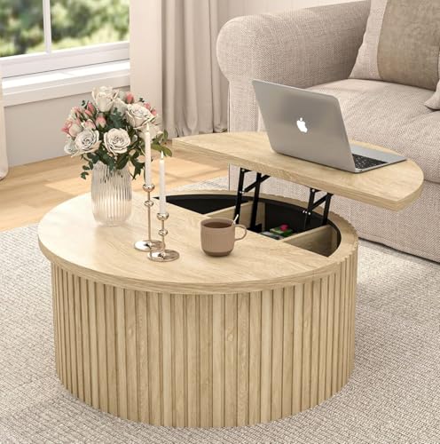 Fsbecl Lift Top Coffee Table with Storage, Round Coffee Tables for Living Room, 34.6'' Farmhouse Fluted Coffee Table, Wood Center Table with Large Hiddern Storage Compartment (Wood Color)