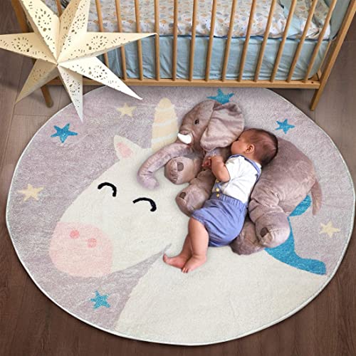 Poowe Unicorn Kids Play Mat Baby Nursery Rug Round Educational Alphabet Soft Area Rug Non Slip for Children Toddlers Bedroom (Round 47.2", Unicorn)