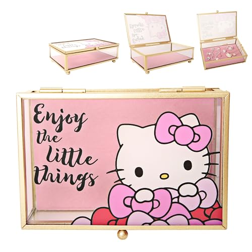 SALLY ROSE Sanrio Hello Kitty Jewelry Box - Enjoy the Little Things Glass Jewelry Case - Hello Kitty Gifts Officially Licensed