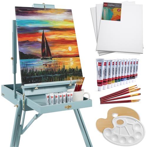 Best Choice Products French Easel, 32pc Beginners Kit Portable Wooden Folding Adjustable Sketch Box Artist Tripod for Painting, Drawing w/Acrylic Paints, Brushes, Canvases, Palettes - Blue