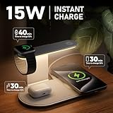 GUSGU 3 in 1 Charging Station for MagSafe Wireless Charger with Three-Level Night Light, 15W Max Fast Charging for iPhone 16/15/14/13/12, iWatch S1-8/Ultra, AirPods(USB-C Charger Included)-Gray