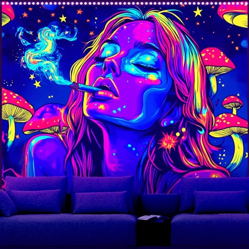 AOHMPT Blacklight Tapestry, Glow In The Dark Tapestry, UV Reactive Cool Girl Tapestry, Mushroom Wonderland Tapestry, Rabbits Wall Hanging for Bedroom, Dorm and Living Room Wall Decoration 59L x 51W