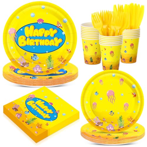 Reallnaive 120 Pcs Yellow Cartoon Sponge Theme Party Supplies Cute Yellow Theme Birthday Decoration Sponge Tableware Decorations for Undersea Birthday Shower Party Table Supplies Serve 20 Guests