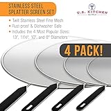 U.S. Kitchen Supply Set of 4 Classic Splatter Screens, 13", 11.5", 10", and 8" - Stainless Steel Fine Mesh, Comfort Grip Handles - Use on Boiling Pots Frying Pans - Grease Oil Guard, Safe Cooking Lid