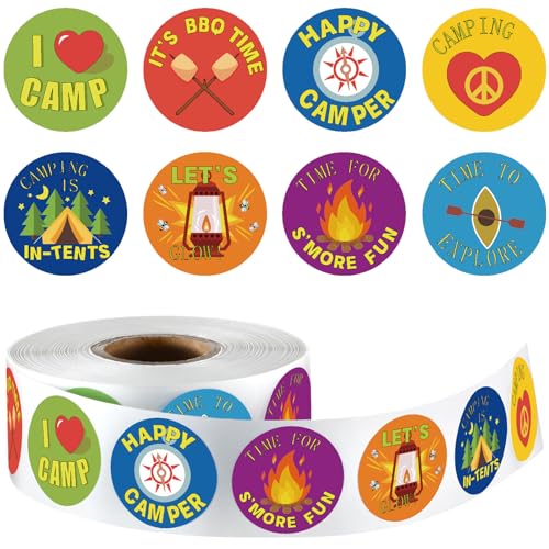 Geyoga 1000 Pcs Travel Camping Stickers for Kids I Love Camp Stickers Camper Tent Bonfire Themed Self Adhesive Decals for Birthday Gifts Bag Party Supplies School Activity Reward