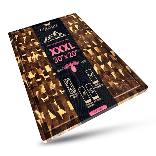 QUELLUXE 30" x 20" Acacia Wood End Grain Cutting Board Extra Large, XXXL Noodle Board Stove Cover, Heavy-Duty Butcher Block, 3XL Meat Chopping Board, Oversized Turkey Carving Board, Charcuterie Board