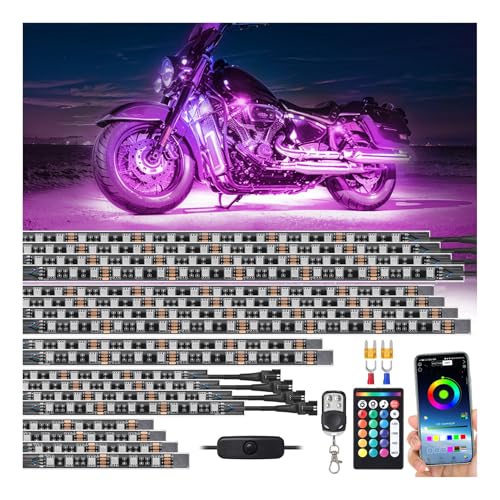18 Pcs RGB Motorcycle LED Strip Lights for Harley Davidson Kawasaki Suzuki Yamaha, 12V Waterproof Multicolor Neon Golf Cart Underbody Lights Motorcycle Underglow Kit with APP/RF Control Brake Light