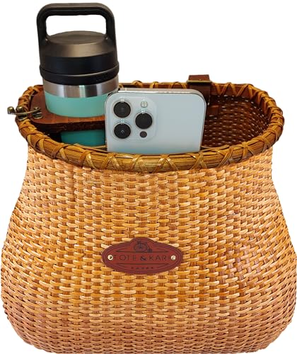 Tote & Kari Bike Basket for Women Beach Cruiser or Scooter, The Original Wicker Bicycle Baskets with Built-in Cup Holder for Front Handlebar-Classic Handmade Vintage Style Natural Rattan Wicker