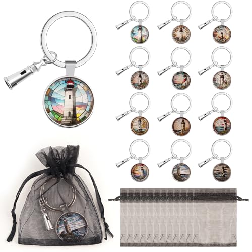 ROSYCOUD 12 Pack 3D Glass Lighthouse Keychain, Funny Keychain for Woman, Car Key Ring Pendant Key Chains for Mom Mother's Day, Handbag Bag, Earphone Case Decoration, Purse Accessories with Yarn Bags