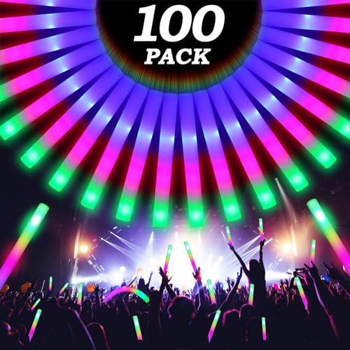 GalaGalore 100 Pcs18.5inch Foam Glow Sticks Bulk - 3 Modes Colorful Flashing Led Foam Sticks Glow in The Dark Party Supplies for Christmas Birthday Wedding Party Camping Events Carnival Concert Rave