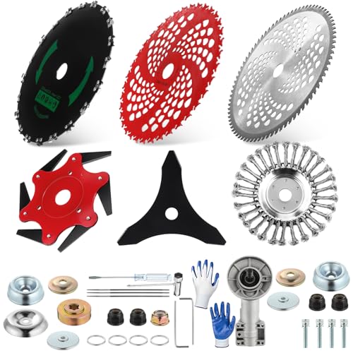 Duraaamo 7 Pcs Brush Cutter Kit Include 9 x 36T Carbide Tipped Blades, 9 x 20T, 10 x 3T and 10 x 80T Blades with Adapter Kit, 8 Inch Steel Wire Rotary Head and Trimmer Head Replacement