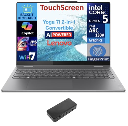 Lenovo Yoga AI Powered 2-in-1 Laptop 16.0" Touchscreen IPS WUXGA Display (Intel Ultra 5-226v, 16GB LPDDR5X, 2TB M.2 PCIe SSD, Backlit KB, Fingerprint, 2 Thunderbolt 4, Win 11 Home) w/USB-C Dock