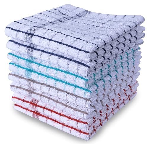 AMOUR INFINI Kitchen Dish Cloths Set of 8 - Ultra Soft, Highly Absorbent, Quick-Drying Terry Cotton Dishcloths 12"x12" Inch Wash & Cleaning Cloths for Kitchen & Dishwashing (Ass- Blue)