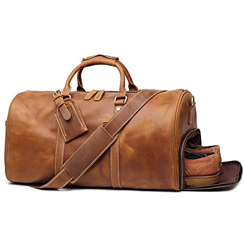 Leathfocus Leather Travel Luggage Bag, Mens Duffle Retro Carry on Handbag (Brown) X-Large