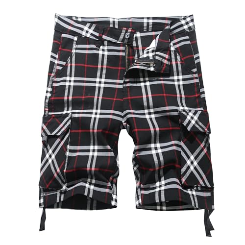 NOVOCCT Cargo Short for Men Relaxed Fit Plaid Outdoor Hiking Work Stretch Cotton Casual Shorts with Multi-Pocket (Black White Plaid - E7, 36)