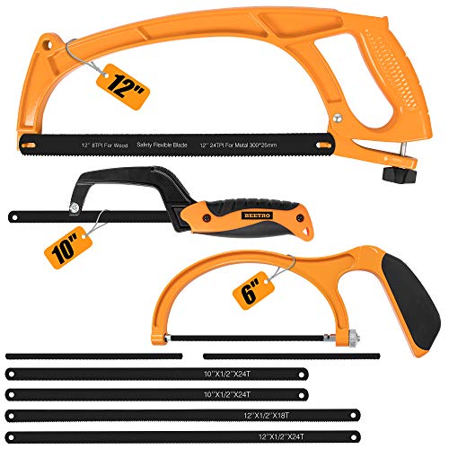 BEETRO Hacksaw Frame Set, 12’’ 10'' hacksaw and 6’’ Mini Hand Saw, Including Six Extra Flexible Blades, Cutting Tool for Metal, Wood, PVC Pipes