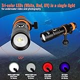 ORCATORCH D710V 2000 Lumens Underwater Video Light, White Red Violet Tri-Color, 120-Degree Wide Beam Scuba Flashlight for Dive Photography Fill Light and Fluorescent Night Diving