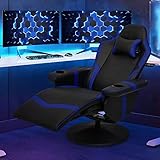 MoNiBloom Massage Video Gaming Chair with 2 Speakers, Swivel Ergonomic Gaming Lounging Pedestal Recliner Chair with Neck Support, Built-in Cupholders and Storage Bag, Comfortable Theater Chair, Blue