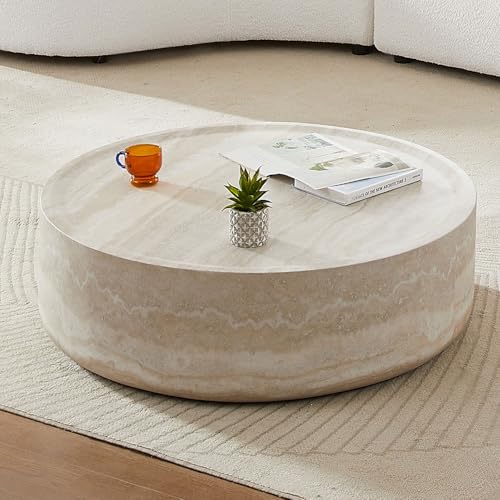 YOPENG Faux Marble Coffee Table, Modern Round Coffee Table for Living Room, Circle Drum Coffee Side Tables, Fiberglass Center End Table for Small Place Apartment Office (39.37'' Marble)