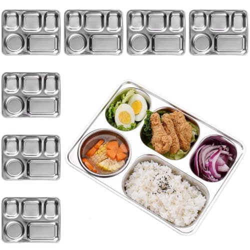 Ceiteo Stainless Steel Divided Dinner Plates Set of 8, Metal Food Trays Serving Plate with 5 Compartment for Adults, Picnic