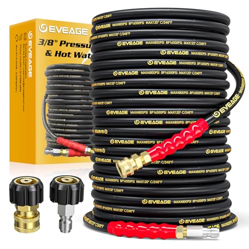 EVEAGE 3/8" Pressure Washer Hose 100ft, 4800PSI Industry Grade Steel Wire Braided & Synthetic Rubber Jacket, Kink Resistant Hot & Cold Water Max 248°F Power Washer Hose, 2pcs M22 14mm Adapter Set