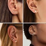 Kainier Women's 5 Pairs 14K Gold Plated CZ Stud Earrings Simulated Diamond Round Cubic Zirconia Hypoallergenic Ear Stud Set（5 Pairs)