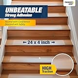 THUNDER GRIP 24"x4" Clear Non-Slip Stair Treads for Wooden Steps (18-Pack) - Self Adhesive Strips - Transparent Indoor