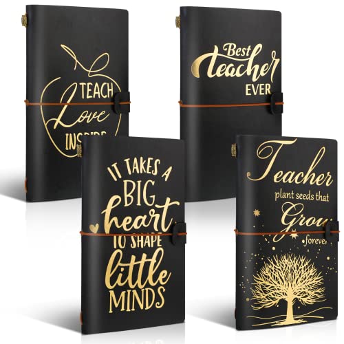 Spakon 4 Pcs Teacher Appreciation Gift Thank You Teacher Leather Journal Retro Refillable Notebook Writing Sketchbook for Teacher School Classroom Party Gift, 4.72 x 7.87 Inch(Black)