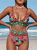 Hilinker Women's Leopard Bikini Swimsuits V Neck High Waisted 2 Piece Bathing Suits (as1, Alpha, xx_l, Regular, Regular, Coral)