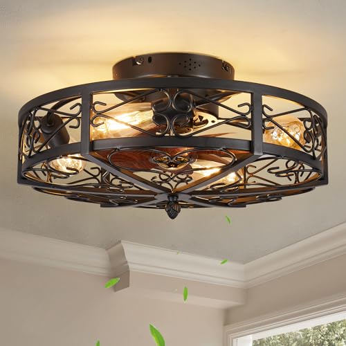 jarensen Rustic Black Caged Flush Mount Ceiling Fans with Lights and Remote Vintage Low Profile Bladeless Ceiling Fan, Reversible Motor, E26 Bulbs, 6 Speeds,for Farmhouse, Living Room, and Bedroom