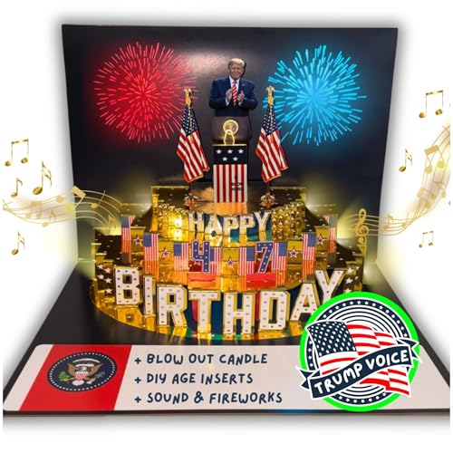 Golden DIY Age Trump Birthday Card for Men and Women with Light & Sound – Talking Trump Card & Birthday Cake w/ Blow Out Candle & DIY Numbers, Presidential Birthday Cards for Husband, Brother, Fans