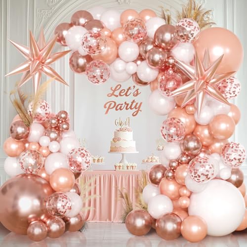 KARLURE Rose Gold Balloons Garland Arch Kit,Metallic Rose Gold White Balloons for Bridal Shower Bachelorette Retirement Engagement Wedding Sweet 16 Birthday Pool Party Graduation Party Decorations