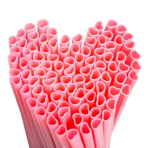 WerkaSi Heart Straws Pink Heart Shaped 100Pcs Cute Plastic Party Individually Wrapped Valentines Wedding Thick Straws