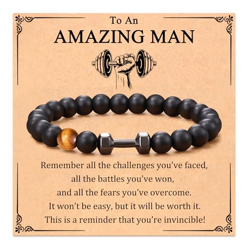 KOXMOON Dumbbell Bracelet Gifts for Men, Gym Accessories Inspirational Onyx Beads Gym Fitness Barbell Bracelets for Men, Cool Gifts for Dad Husband Son Brother Friends