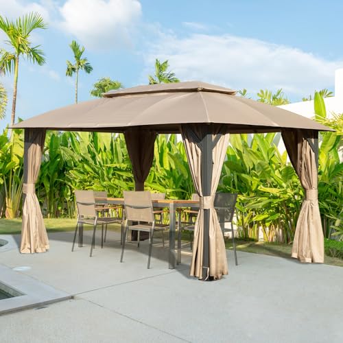 Domi 10'x14' Gazebo with Double Roof Soft Top, Patio Gazebo Canopy Tent Metal Frame for Deck Backyard Garden Lawns Khaki