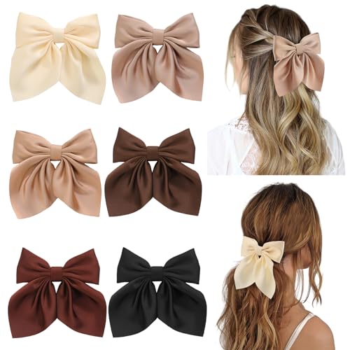 6Pcs Hair Bows for Women, Bow Hair Clips, Silky Satin Hair Bows for Girls, Neutral Colors Hair Ribbon, Cute Bow Clips for Women, Hair Accessories Gifts