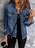 EVALESS Women's Vintage Ripped Distressed Denim Jean Jacket Coat 2025 Trendy Fall Casual Long Sleeve Button Down Denim Outwear with Pockets,Bluing Medium